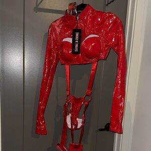 Dolls Kill Red Patent Vinyl Long Sleeve Crop Bodysuit with Straps